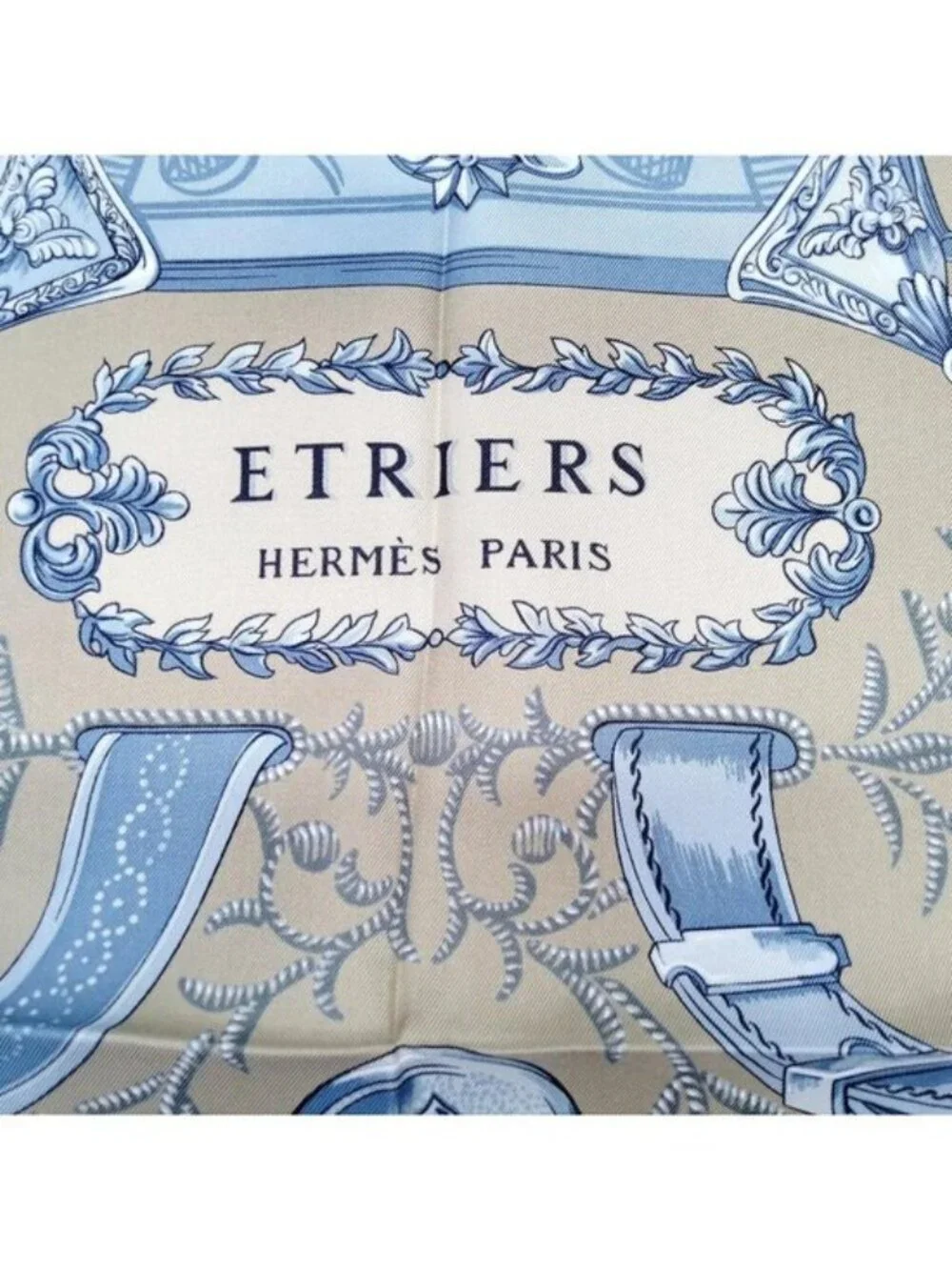 Authentic Hermès Étriers Carré 90 Silk Scarf Gold Blue Square Made in France